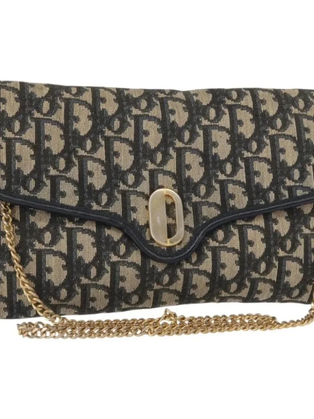 Christian Dior Trotter Canvas Chain Shoulder Bag Navy Gold Auth - Picture 1 of 16